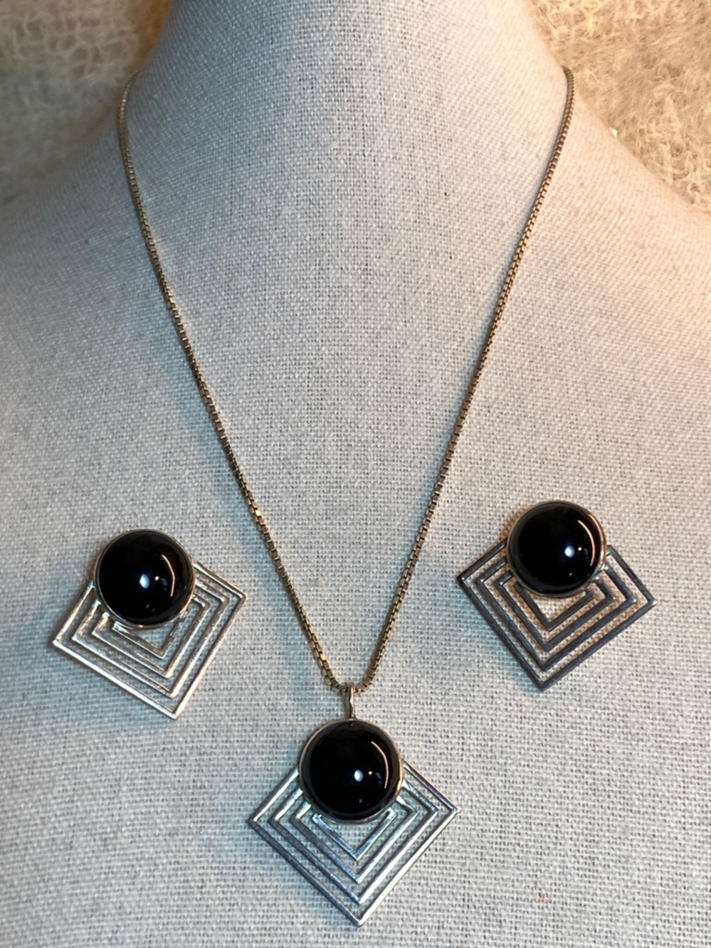 C. Noir Sterling Silver Black Onyx Necklace & Earrings Set Signed STG 925 Italy